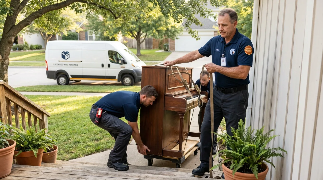Licensed piano movers securing grand piano in Ossipee, NH