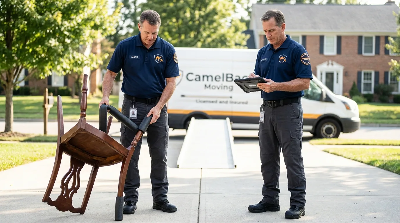 Movers inspecting furniture for damage prevention before loading in Ossipee, NH